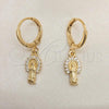 Oro Laminado Dangle Earring, Gold Filled Style Guadalupe Design, with White Micro Pave, Polished, Golden Finish, 02.253.0053