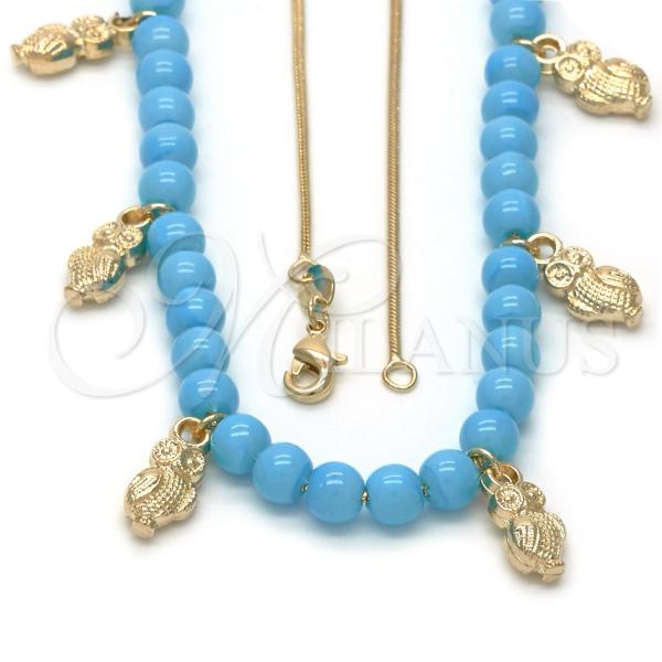 Oro Laminado Pendant Necklace, Gold Filled Style Owl and Rat Tail Design, Blue Resin Finish, Golden Finish, 04.32.0008.1.18