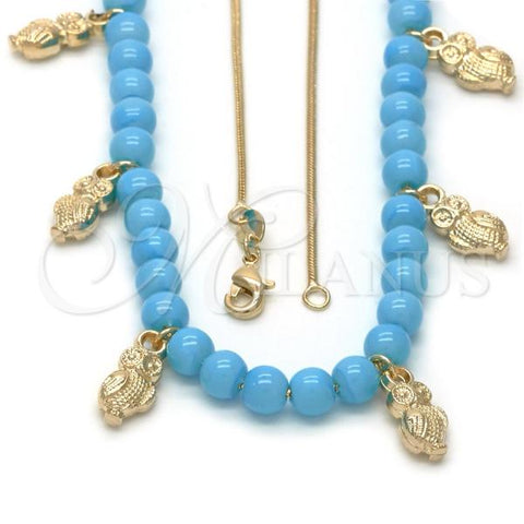 Oro Laminado Pendant Necklace, Gold Filled Style Owl and Rat Tail Design, Blue Resin Finish, Golden Finish, 04.32.0008.1.18