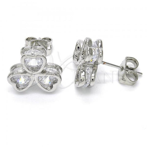 Rhodium Plated Stud Earring, Flower and Heart Design, with White Cubic Zirconia, Polished, Rhodium Finish, 02.213.0082