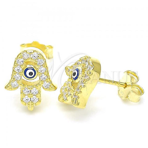 Sterling Silver Stud Earring, Hand of God and Evil Eye Design, with White Cubic Zirconia, Blue Enamel Finish, Golden Finish, 02.336.0170.2