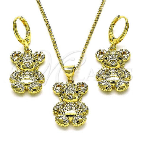 Oro Laminado Earring and Pendant Adult Set, Gold Filled Style Teddy Bear Design, with White and Black Micro Pave, Polished, Golden Finish, 10.299.0003