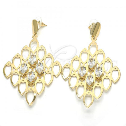 Oro Laminado Dangle Earring, Gold Filled Style with White Cubic Zirconia, Polished, Golden Finish, 02.268.0081