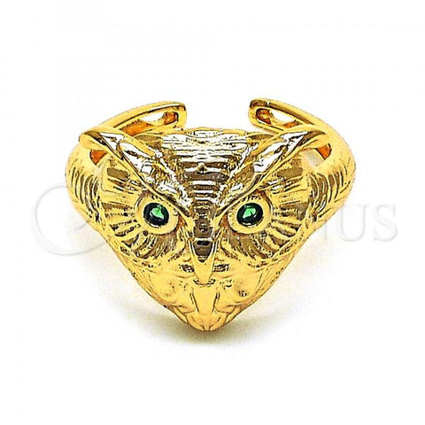 Oro Laminado Multi Stone Ring, Gold Filled Style Owl Design, with Green Cubic Zirconia, Polished, Golden Finish, 01.213.0032