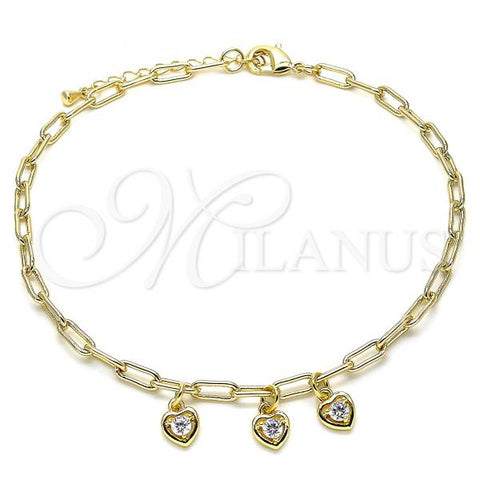Oro Laminado Charm Anklet , Gold Filled Style Heart and Paperclip Design, with White Cubic Zirconia, Polished, Golden Finish, 03.63.2166.10