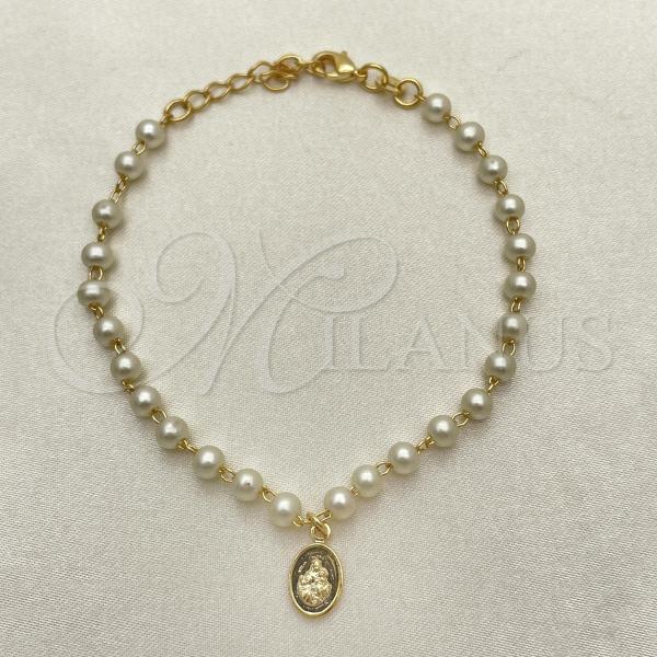 Oro Laminado Fancy Bracelet, Gold Filled Style Ball and Hand of God Design, with Ivory Pearl, Polished, Golden Finish, 03.02.0100.2.16