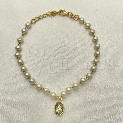 Oro Laminado Fancy Bracelet, Gold Filled Style Ball and Hand of God Design, with Ivory Pearl, Polished, Golden Finish, 03.02.0100.2.16