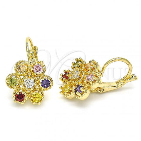 Oro Laminado Leverback Earring, Gold Filled Style with Multicolor Cubic Zirconia, Polished, Golden Finish, 02.210.0215.1