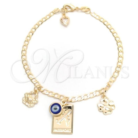 Oro Laminado Charm Bracelet, Gold Filled Style Airplane and Miami Cuban Design, Polished, Golden Finish, 03.58.0078.07