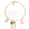 Oro Laminado Charm Bracelet, Gold Filled Style Airplane and Miami Cuban Design, Polished, Golden Finish, 03.58.0078.07