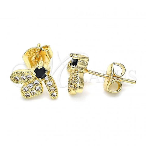 Oro Laminado Stud Earring, Gold Filled Style Dragon-Fly Design, with Black Cubic Zirconia and White Micro Pave, Polished, Golden Finish, 02.199.0028.3