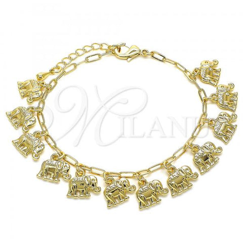 Oro Laminado Charm Bracelet, Gold Filled Style Elephant and Paperclip Design, Polished, Golden Finish, 03.372.0018.08