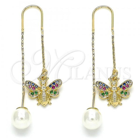 Oro Laminado Threader Earring, Gold Filled Style Bee Design, with Multicolor Micro Pave, Polished, Golden Finish, 02.210.0366.1