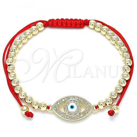 Oro Laminado Adjustable Bolo Bracelet, Gold Filled Style Evil Eye and Ball Design, with White Micro Pave, White Enamel Finish, Golden Finish, 03.299.0062.11