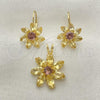 Oro Laminado Earring and Pendant Adult Set, Gold Filled Style Flower Design, with Amethyst and White Cubic Zirconia, Polished, Golden Finish, 5.056.003