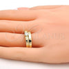 Oro Laminado Wedding Ring, Gold Filled Style Greek Key and Duo Design, with White Cubic Zirconia, Polished, Golden Finish, 01.99.0045.07 (Size 7)