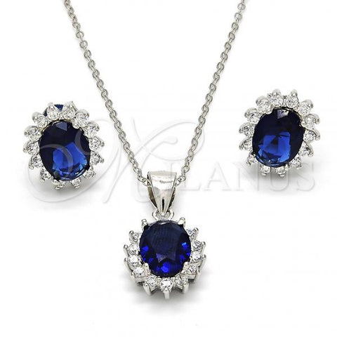 Sterling Silver Earring and Pendant Adult Set, with Sapphire Blue and White Cubic Zirconia, Polished, Rhodium Finish, 10.175.0054.3