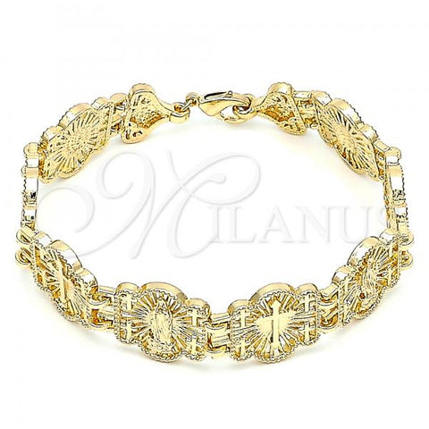 Oro Laminado Fancy Bracelet, Gold Filled Style Guadalupe and Cross Design, Polished, Golden Finish, 03.351.0124.08