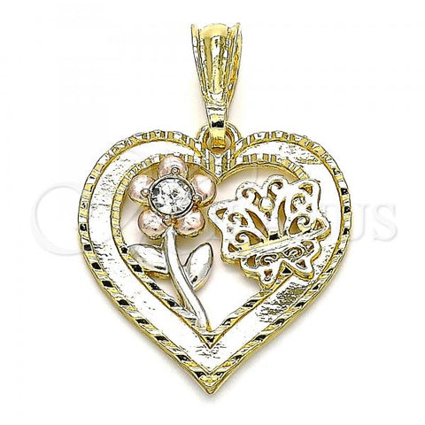 Oro Laminado Fancy Pendant, Gold Filled Style Flower and Butterfly Design, with White Crystal, Polished, Tricolor, 05.351.0111