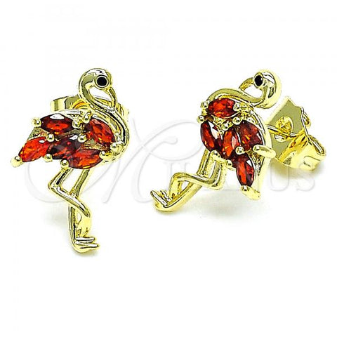 Oro Laminado Stud Earring, Gold Filled Style with Garnet Cubic Zirconia and Black Micro Pave, Polished, Golden Finish, 02.345.0020.2