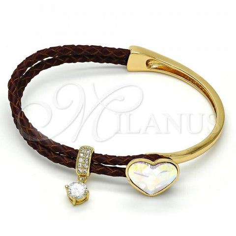 Oro Laminado Individual Bangle, Gold Filled Style Heart Design, with Aurore Boreale Swarovski Crystals and White Micro Pave, Polished, Golden Finish, 07.239.0008.2 (03 MM Thickness, One size fits all)