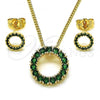 Oro Laminado Earring and Pendant Adult Set, Gold Filled Style Cluster Design, with Green Cubic Zirconia and Green Micro Pave, Polished, Golden Finish, 10.156.0461.2