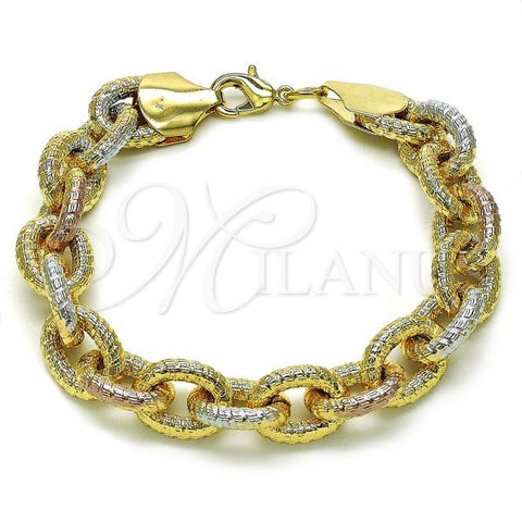 Oro Laminado Fancy Bracelet, Gold Filled Style Chunky Design, Diamond Cutting Finish, Tricolor, 03.331.0221.1.09