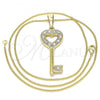 Oro Laminado Pendant Necklace, Gold Filled Style key and Heart Design, with White Crystal, Polished, Golden Finish, 04.213.0210.20