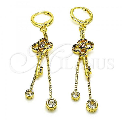 Oro Laminado Long Earring, Gold Filled Style key and Box Design, with Multicolor Micro Pave and White Cubic Zirconia, Polished, Golden Finish, 02.316.0088.1