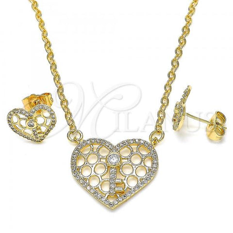 Oro Laminado Earring and Pendant Adult Set, Gold Filled Style Heart and key Design, with White Cubic Zirconia and White Micro Pave, Polished, Golden Finish, 10.316.0046