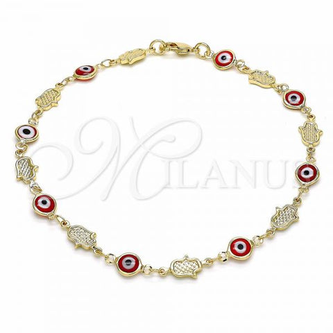 Oro Laminado Fancy Anklet, Gold Filled Style Evil Eye and Hand of God Design, Red Resin Finish, Golden Finish, 03.326.0007.10