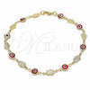 Oro Laminado Fancy Anklet, Gold Filled Style Evil Eye and Hand of God Design, Red Resin Finish, Golden Finish, 03.326.0007.10
