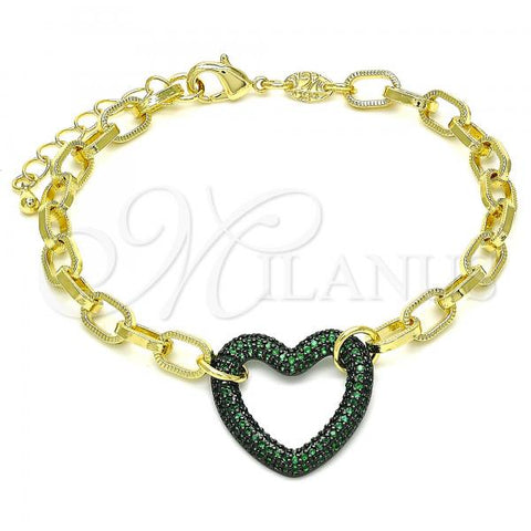 Oro Laminado Fancy Bracelet, Gold Filled Style Paperclip and Heart Design, with Green Micro Pave, Polished, Black Rhodium Finish, 03.341.0054.4.07