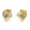 Oro Laminado Stud Earring, Gold Filled Style Heart Design, with Amethyst and White Cubic Zirconia, Polished, Golden Finish, 02.387.0013.1