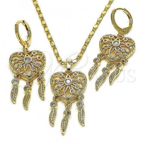Oro Laminado Earring and Pendant Adult Set, Gold Filled Style Heart and Leaf Design, with White Cubic Zirconia, Polished, Golden Finish, 10.196.0023.2