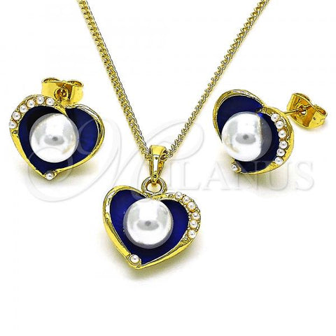 Oro Laminado Earring and Pendant Adult Set, Gold Filled Style Heart Design, with Ivory Pearl, Blue Enamel Finish, Golden Finish, 10.379.0048.4