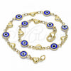 Oro Laminado Fancy Anklet, Gold Filled Style Evil Eye and Heart Design, Blue Resin Finish, Golden Finish, 03.326.0008.2.10