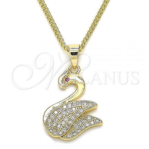 Oro Laminado Pendant Necklace, Gold Filled Style Swan Design, with White and Ruby Micro Pave, Polished, Golden Finish, 04.344.0018.20