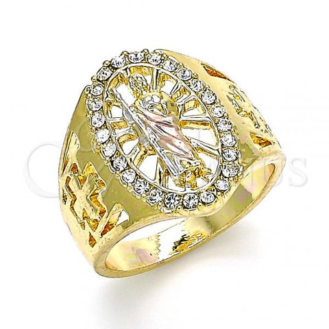 Oro Laminado Mens Ring, Gold Filled Style San Judas Design, with White Crystal, Polished, Tricolor, 01.351.0015.10 (Size 10)