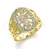 Oro Laminado Mens Ring, Gold Filled Style San Judas Design, with White Crystal, Polished, Tricolor, 01.351.0015.10 (Size 10)