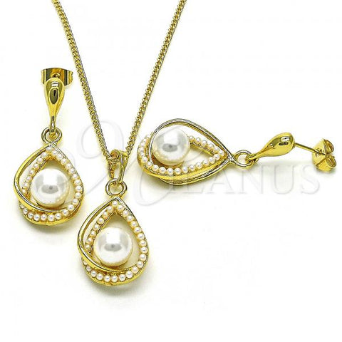 Oro Laminado Earring and Pendant Adult Set, Gold Filled Style Teardrop Design, with Ivory Pearl, Polished, Golden Finish, 10.379.0032