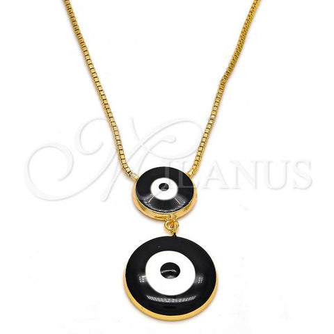 Oro Laminado Pendant Necklace, Gold Filled Style Evil Eye and Box Design, Black Enamel Finish, Golden Finish, 04.60.0007.1.18