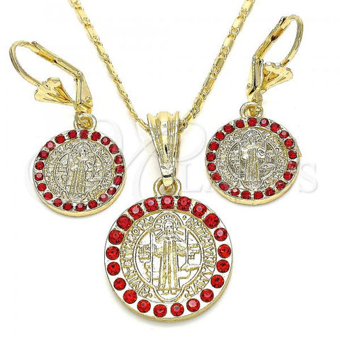 Oro Laminado Earring and Pendant Adult Set, Gold Filled Style San Benito Design, with Garnet Crystal, Polished, Golden Finish, 10.351.0002.2
