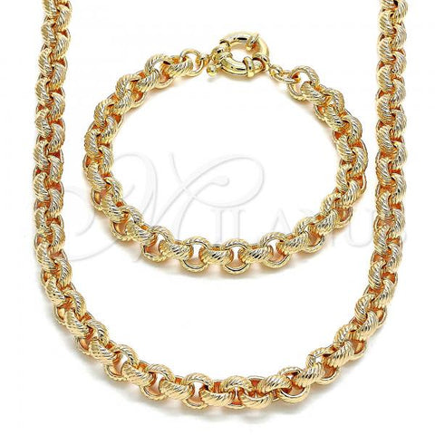 Oro Laminado Necklace and Bracelet, Gold Filled Style Chunky Design, Diamond Cutting Finish, Golden Finish, 06.378.0002