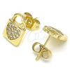 Oro Laminado Stud Earring, Gold Filled Style Lock and Heart Design, with White Micro Pave, Polished, Golden Finish, 02.210.0406