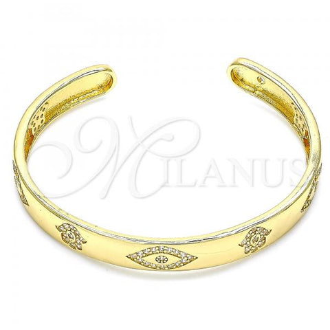 Oro Laminado Individual Bangle, Gold Filled Style Evil Eye and Hand of God Design, with White Micro Pave, Polished, Golden Finish, 07.156.0076