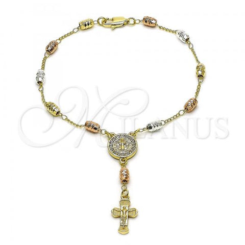 Oro Laminado Bracelet Rosary, Gold Filled Style San Benito and Crucifix Design, with White Cubic Zirconia, Diamond Cutting Finish, Golden Finish, 09.253.0070.08