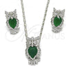 Rhodium Plated Earring and Pendant Adult Set, Owl Design, with Green and White Cubic Zirconia, Polished, Rhodium Finish, 10.210.0064.7