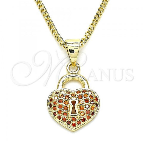 Oro Laminado Pendant Necklace, Gold Filled Style Lock and Heart Design, with Garnet Micro Pave, Polished, Golden Finish, 04.156.0303.2.20
