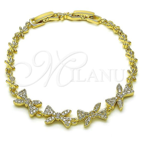 Oro Laminado Fancy Bracelet, Gold Filled Style Bow Design, with White Micro Pave, Polished, Golden Finish, 03.213.0277.07